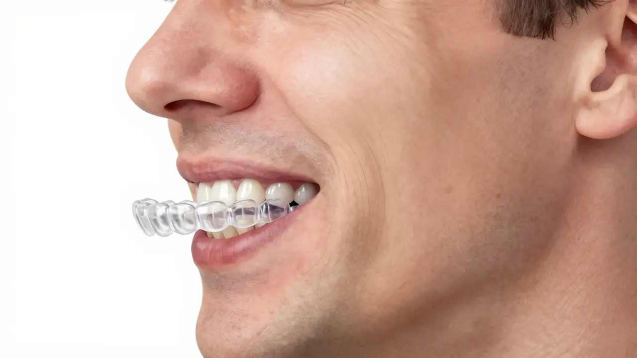 Příčný pohled na muže v padesátkách s přesně vyrovnáním zubů přes průhledná rovnátka