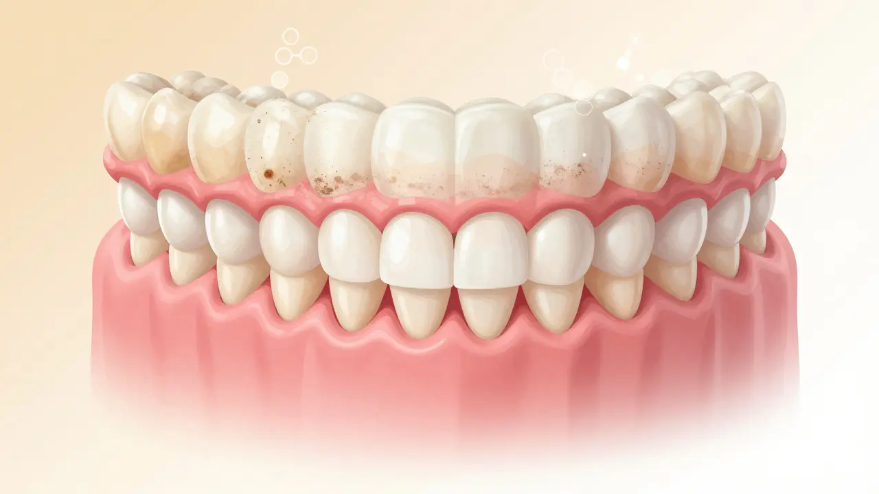 Průhledný přehled zubu s povrchovými skvrnami, které se postupně odstraňují k přirozené barvě.