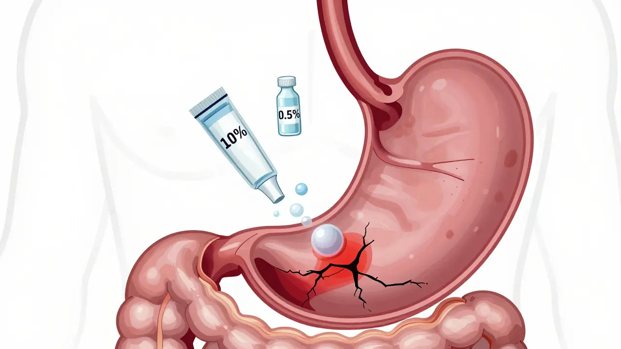 Průřez trávicího traktu s pěnou kyslíku poškozující stěny žaludku z přijatého peroxidu vodíku.