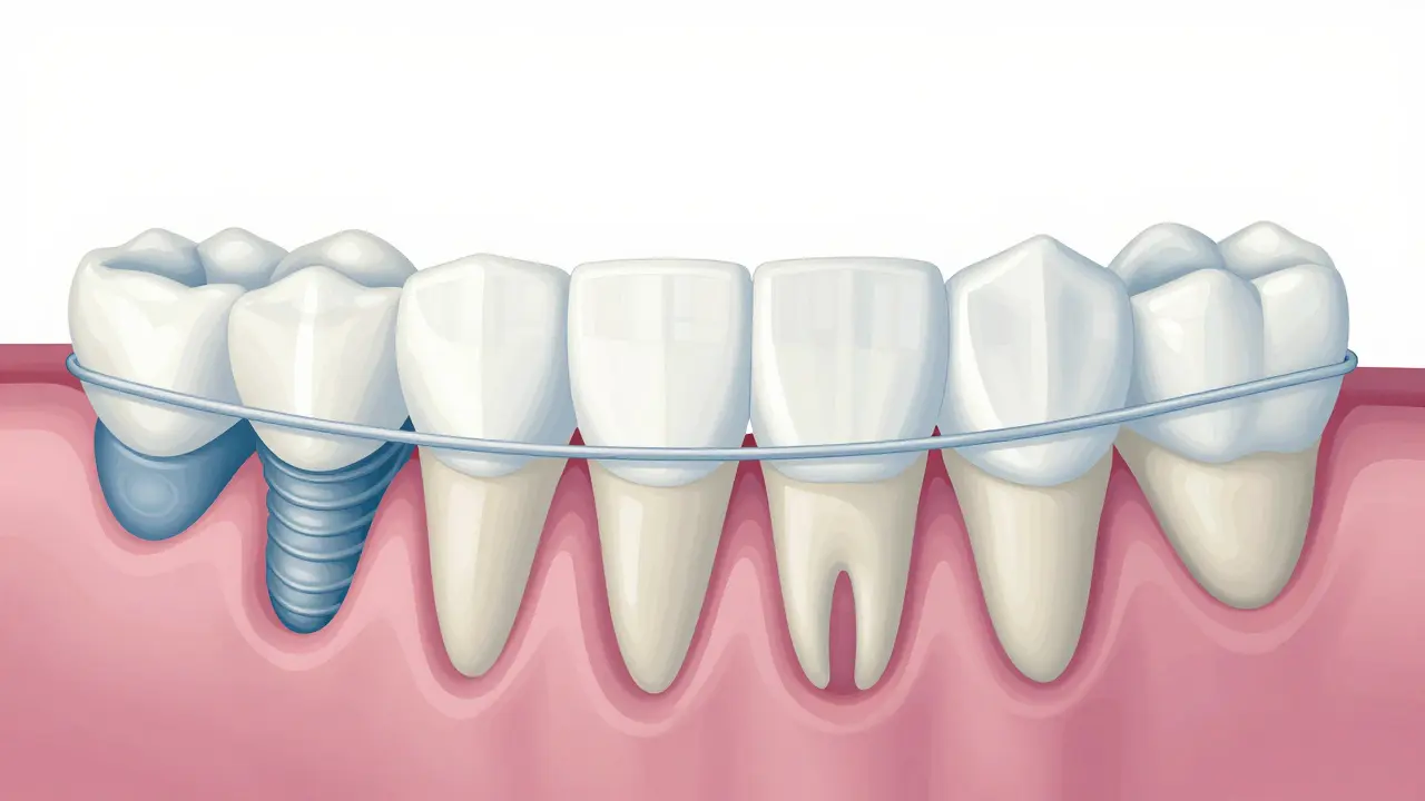 Průřez zubů a dásní s pružinkami a trvalým reténorem proti návratu zubů.