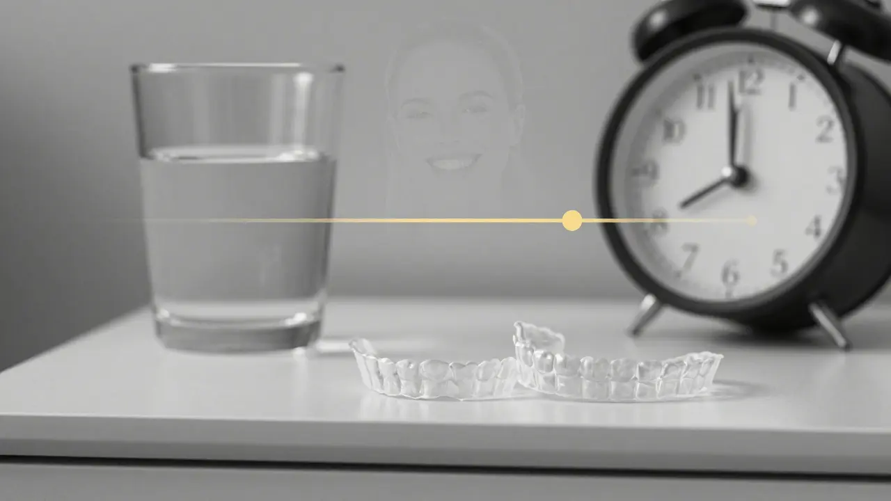 Retentory leží na nočním stolku při měsíčním světle, symbolizují trvalou péči o zuby.