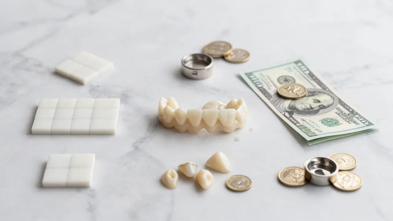 Různé zubní materiály uspořádané na mramorové desce