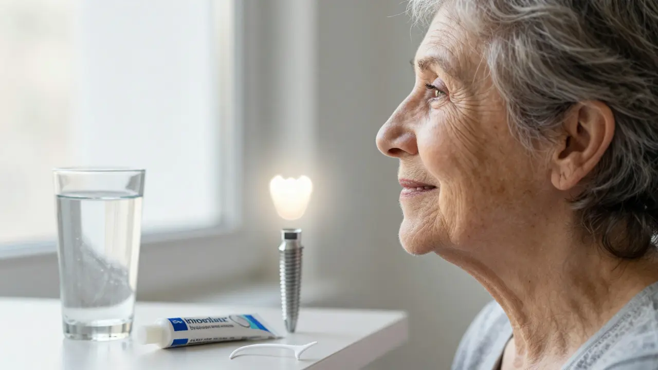 Stará žena s změnou obličeje kvůli ztrátě kosti, kolem ní symboly péče o zuby: voda, fluoridový gel a implantát.