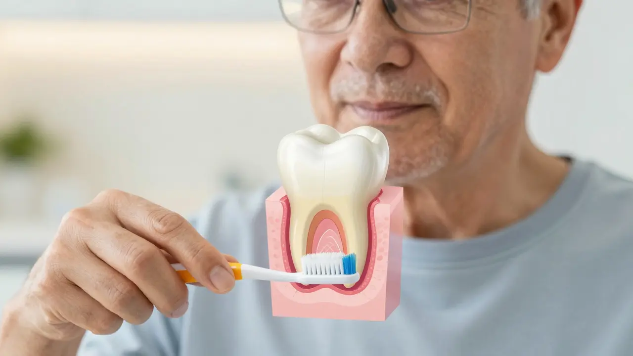 Starší osoba čistí zuby, zároveň je vidět vnitřní struktura zubu s tenčící se sklovinou a zvětšující se pulpou.