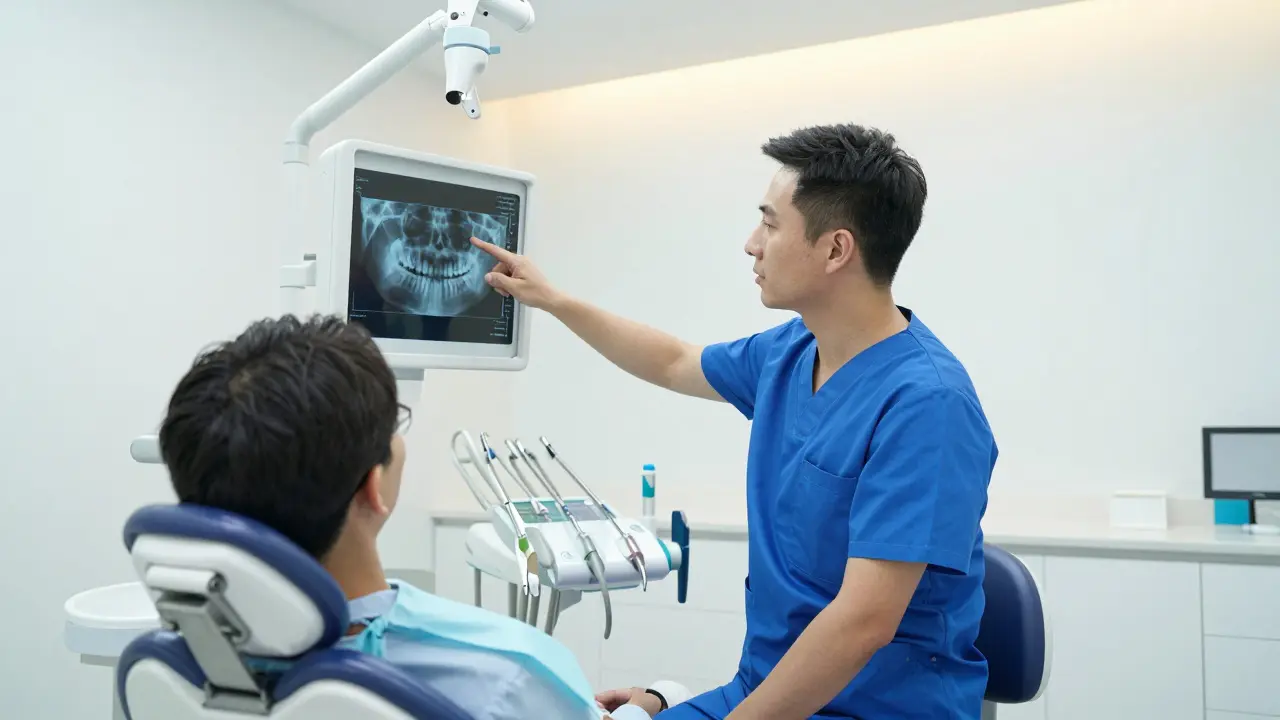 Stomatolog ukazuje rentgen pacientovi ve vyšetřovně