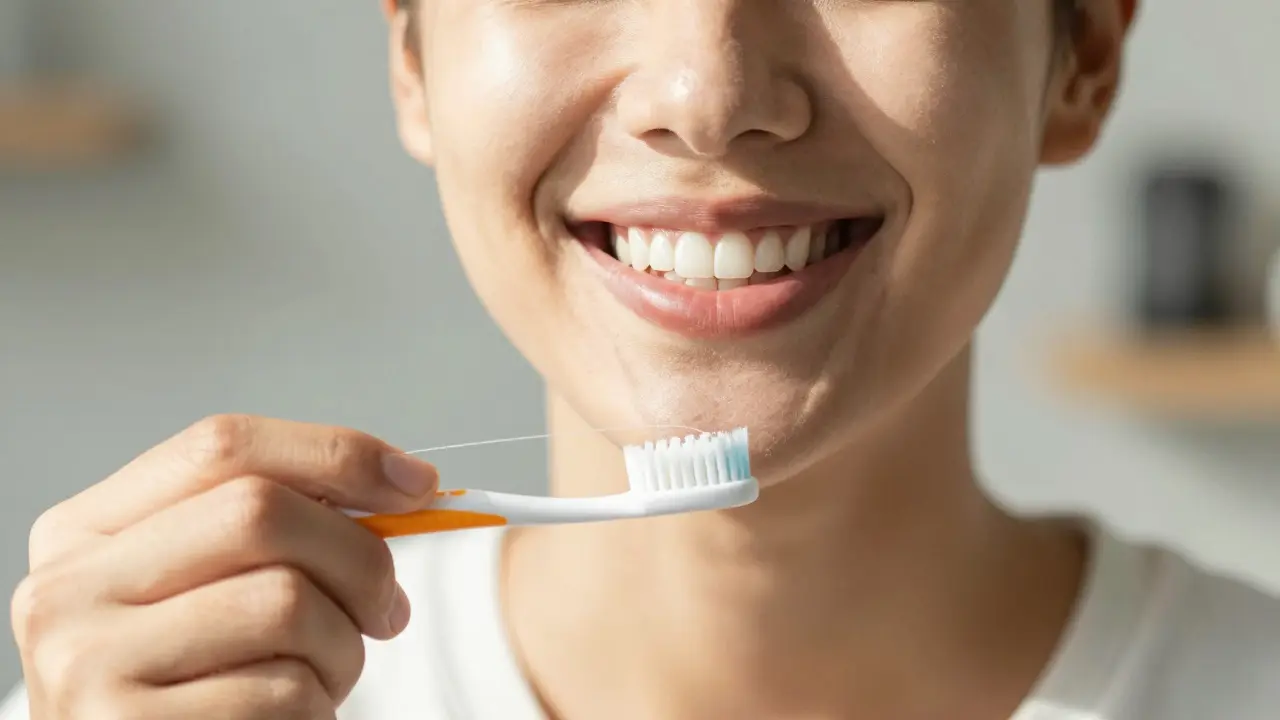 Úsměv zdravých zubů s kartáčkem na zuby.