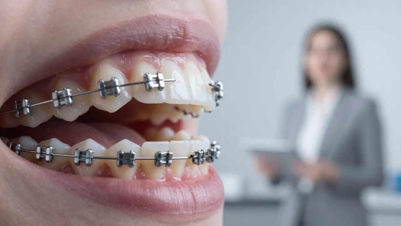 Vnitřní strana zubů s linguálními rovnátky, kovové prvky skryté před pohledem.