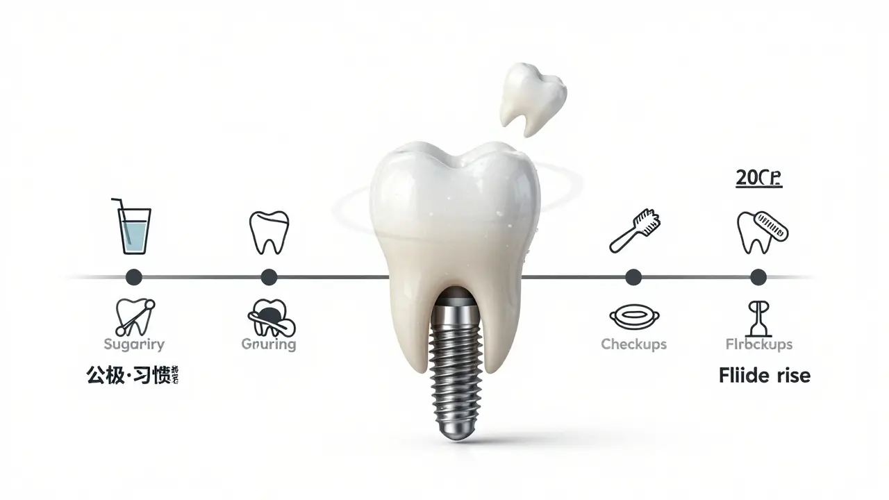 Zub se mění z plomby na implantát přes čas, s ukázkou špatných a dobrých návyků kolem něj.