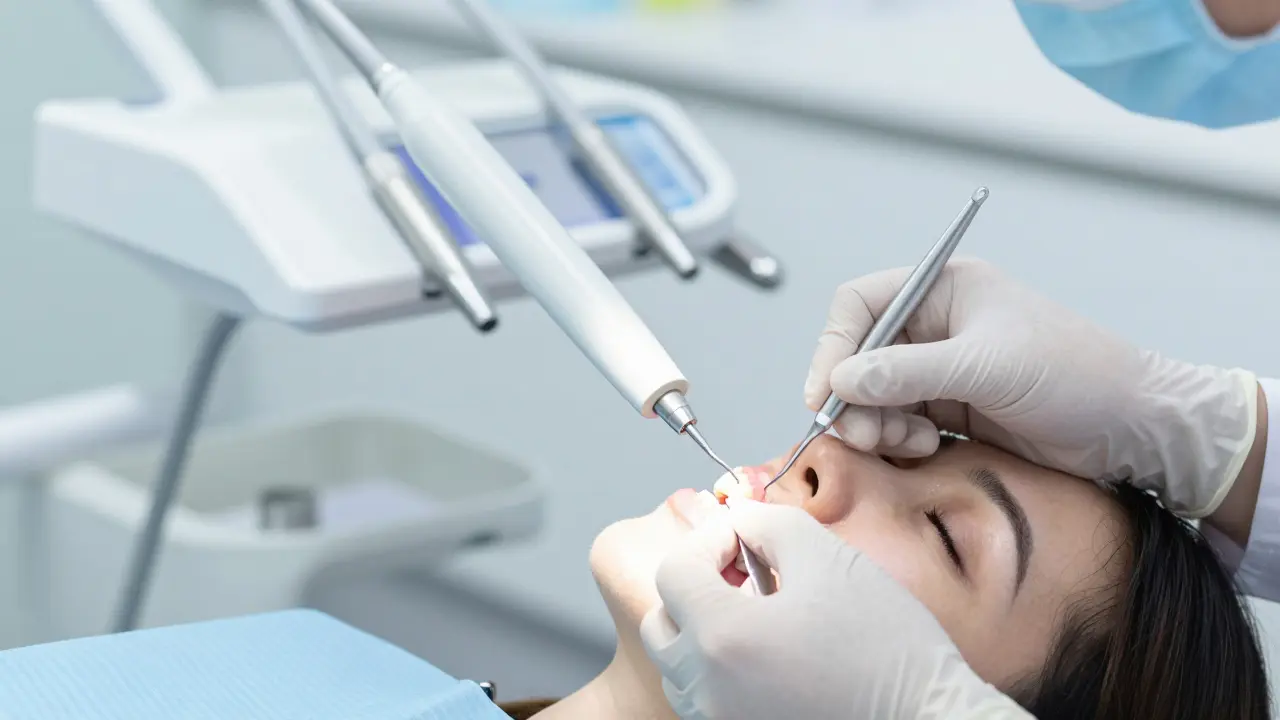 Zubař aplikuje keramickou destičku na zub v ordinaci.