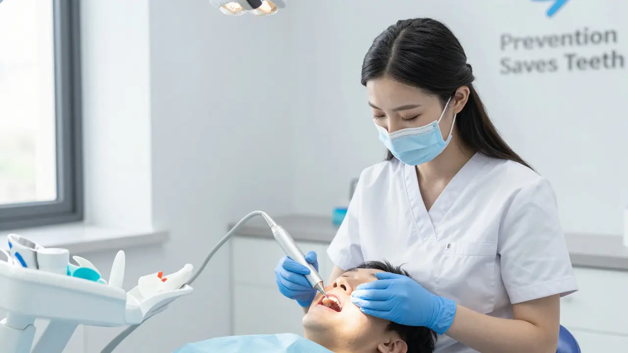 Zubní lékař odstraňuje kámen ultrazvukovým skrabákem v klinice, pacient klidně sedí.