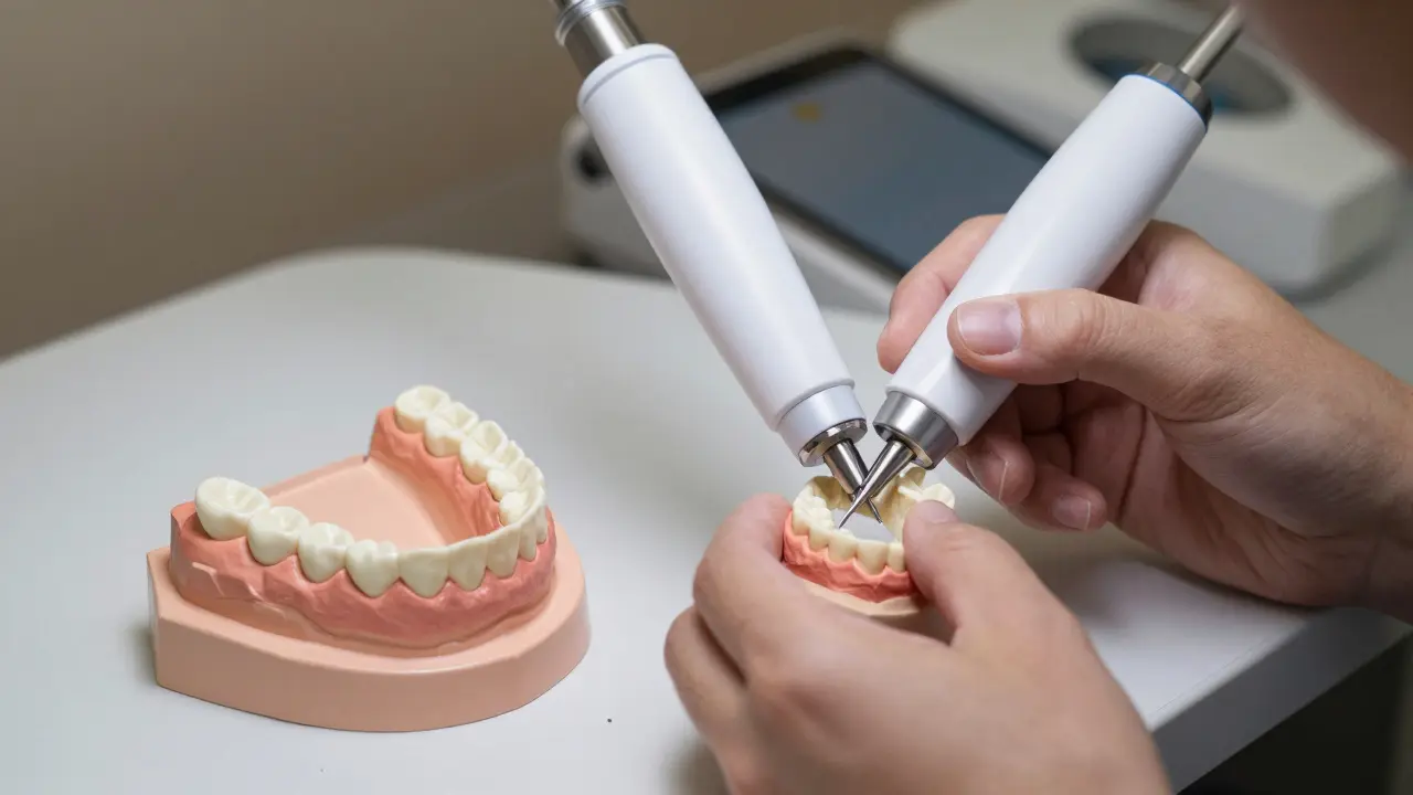 Zubní technik pracuje s digitálním skenerem a modelem čelisti pro přesnou protézu.