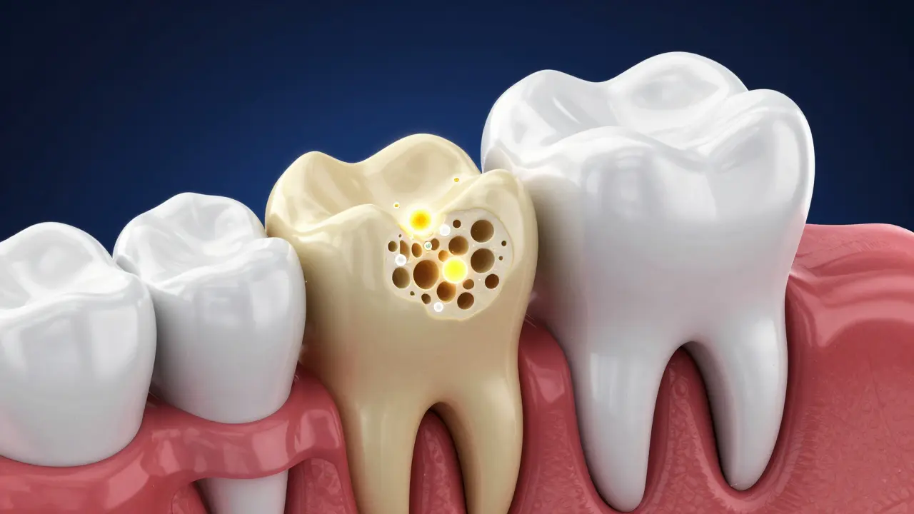 3D ilustrace procesu bělení zubů a pronikání aktivních látek skrz sklovinu.
