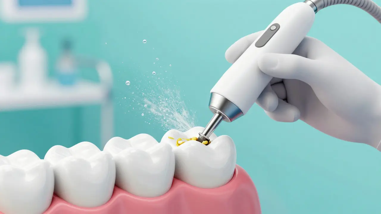 3D ilustrace profesionálního odstranění zubního kamene pomocí ultrazvuku a Air-flow.