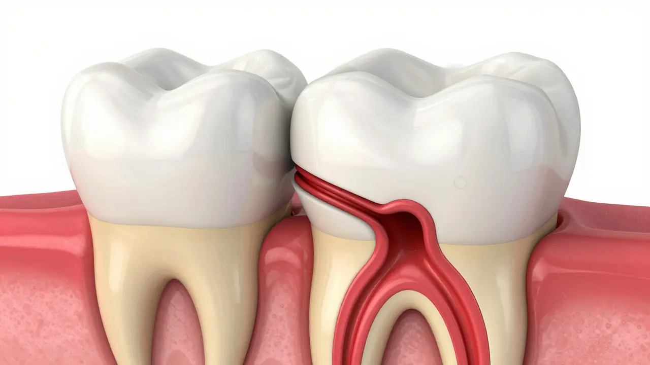 3D ilustrace průřezu zubu s hlubokým kazem dosahujícím až do nervu.