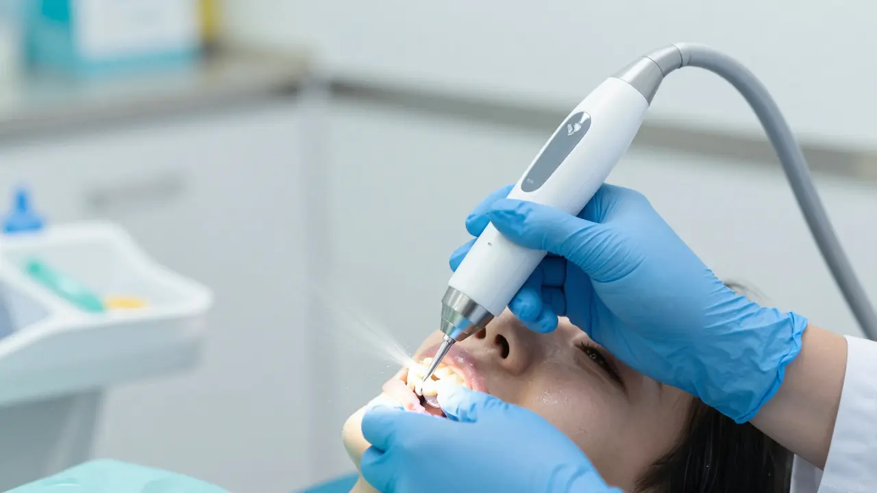 Dentální hygienistka používá ultrazvukové zařízení k odstranění kamene.