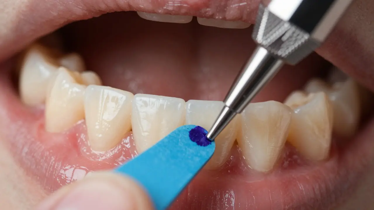 Detailní pohled na zuby kousající artikulační papír pro určení vysokých bodů skusu.