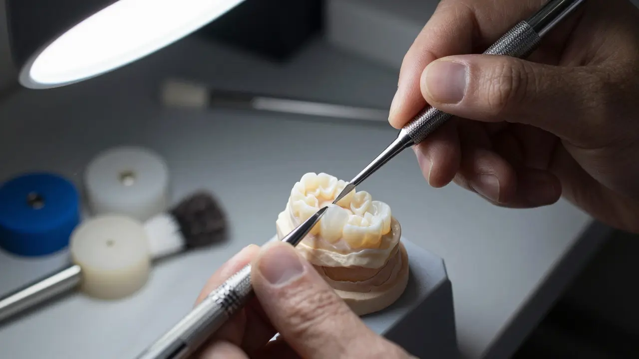 Detailní ruční výroba keramické fazety v zubní laboratoři.