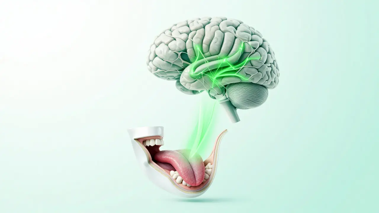 Ilustrace správné polohy jazyka u patra a procesu neuroplasticity mozku.