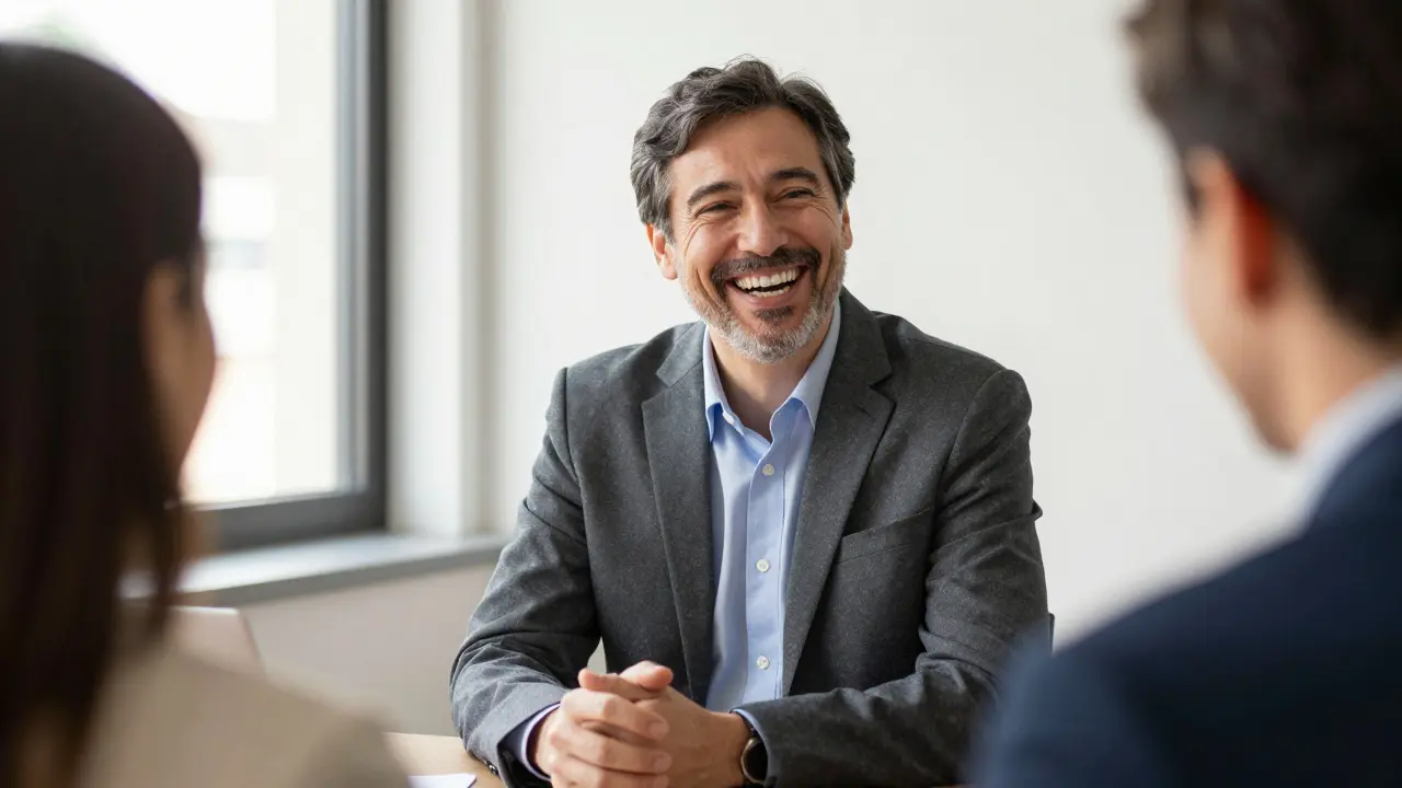 Klidně se smějící člověk v pracovním prostředí s přirozeným úsměvem.