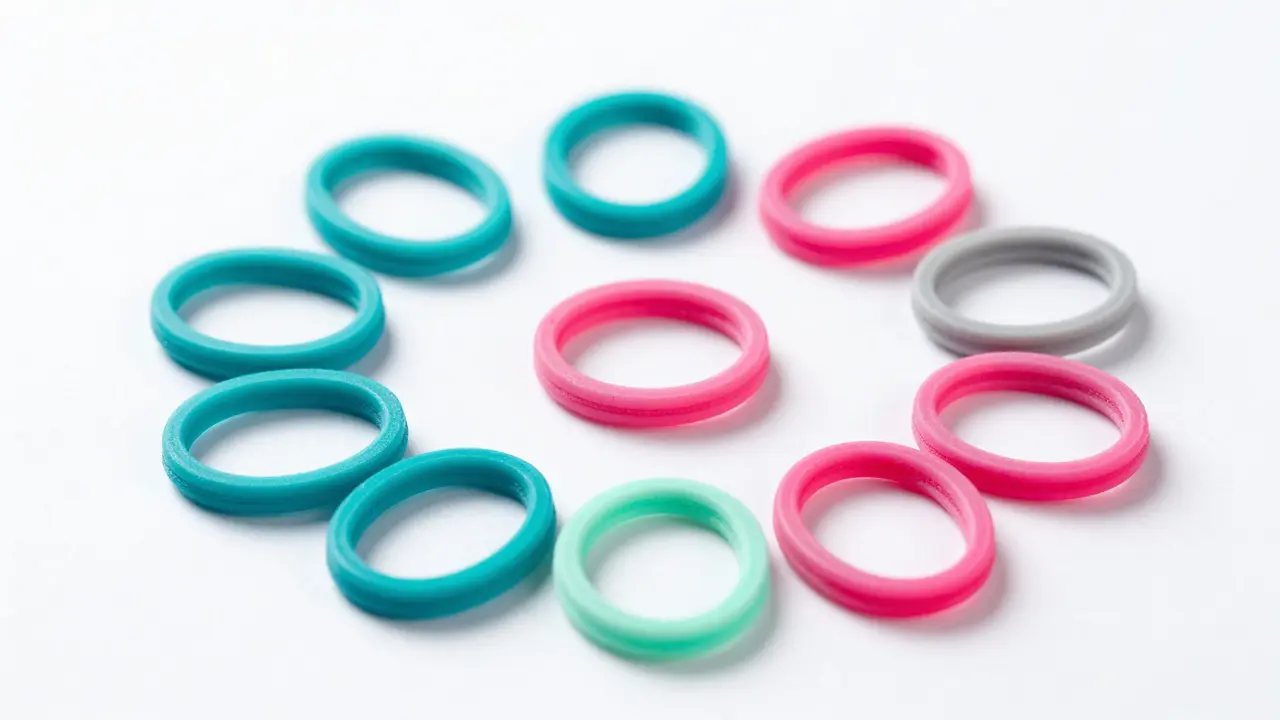 Kolekce barevných elastických kroužků pro rovnátka na bílém podkladu.