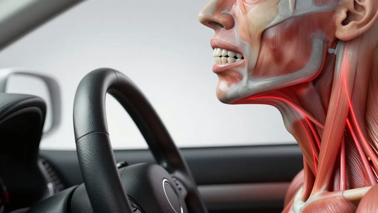 Konceptuální obraz srovnávající šikmý volant s napětím v čelistním kloubu.