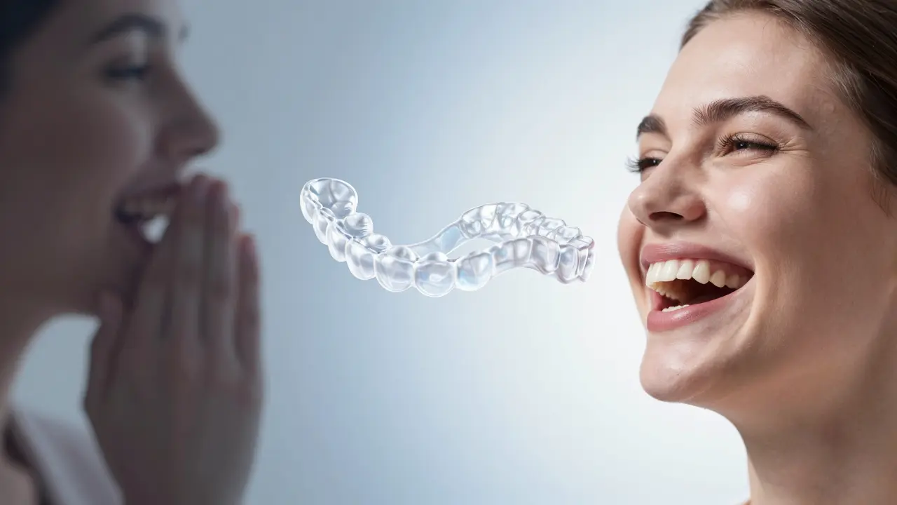 Konceptuální obraz znázornující přechod od stydlivého úsměvu k sebevědomí díky neviditelné rovnátce.