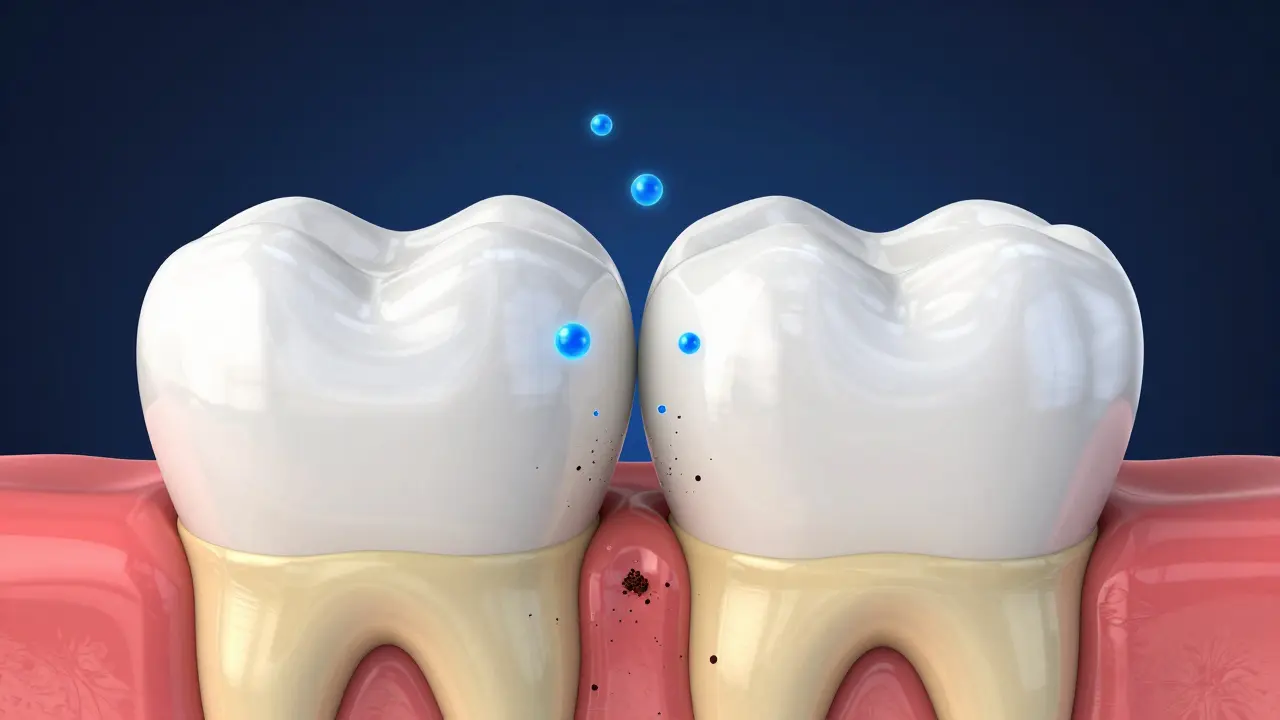 Konceptuální schéma průniku bělících látek skrze sklovinu do dentinu.