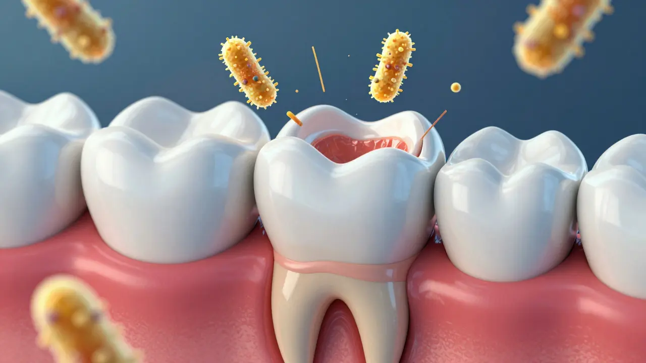Konceptuální schéma zubu s provizorní plombou a pronikajícími bakteriemi.