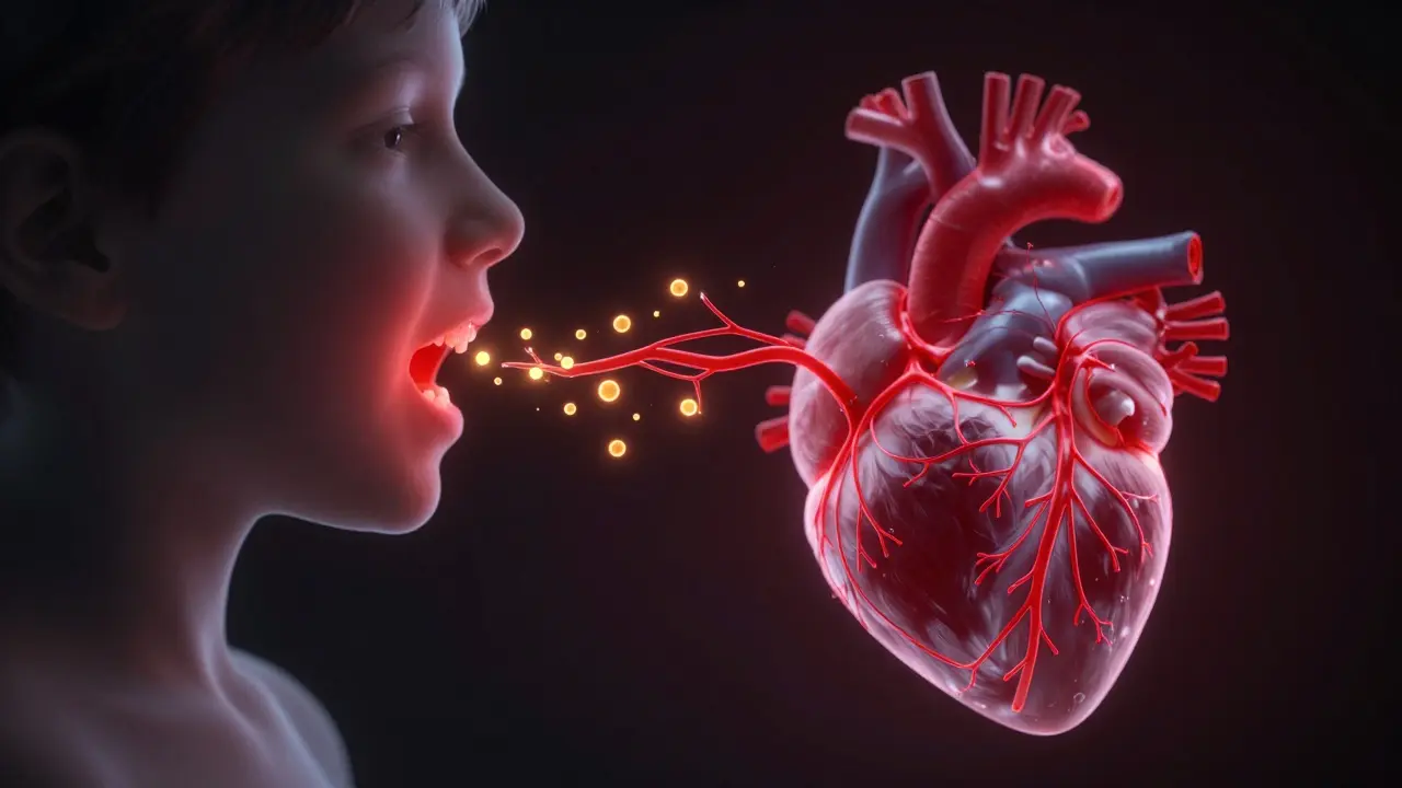 Konceptuální znázornění cesty bakterií z zánětů dásní do krevního oběhu a k srdci.