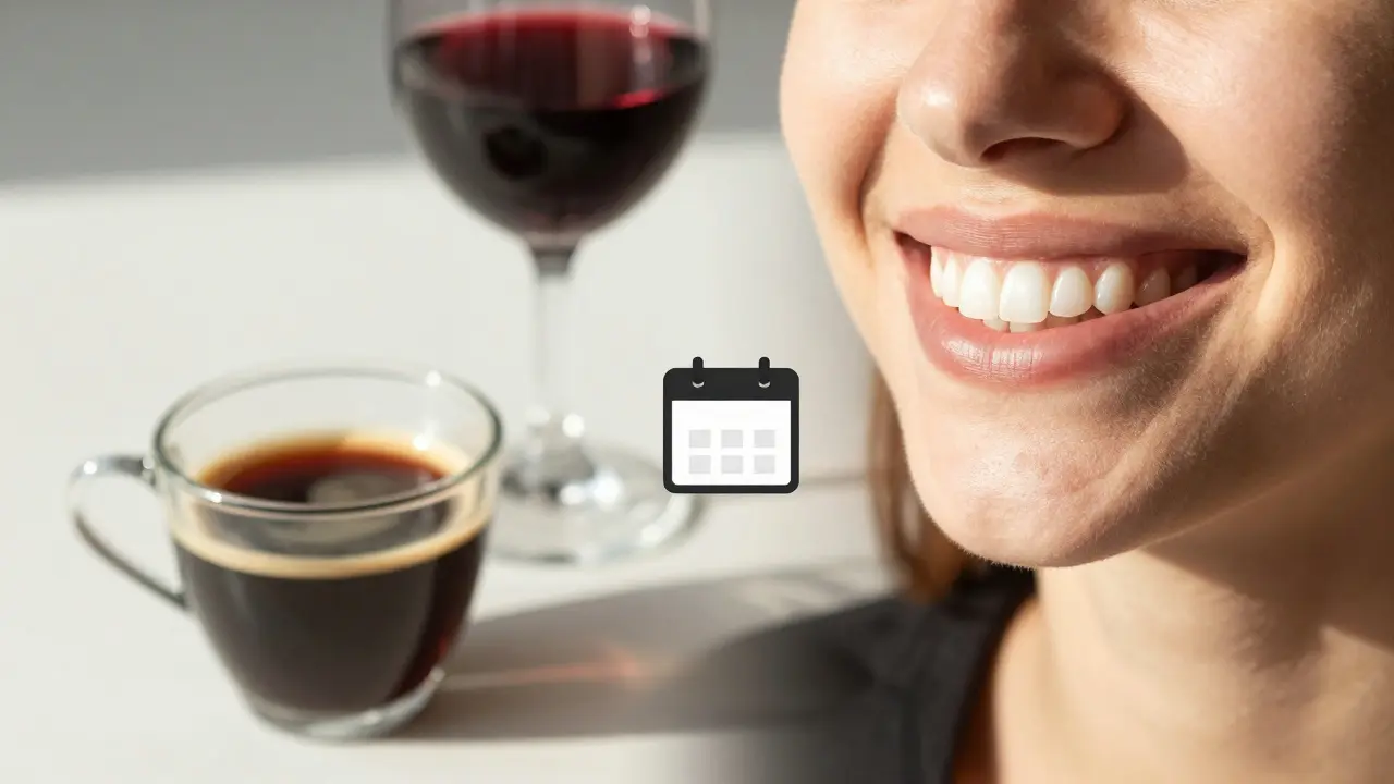 Kontrast mezi kávou, vínem a jasným bílým úsměvem.