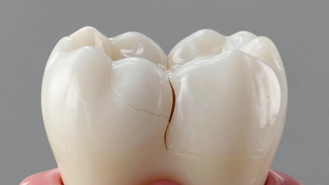 Makro detail zubu znázornující povrchové craze lines a hlubší prasklinu v dentinu.