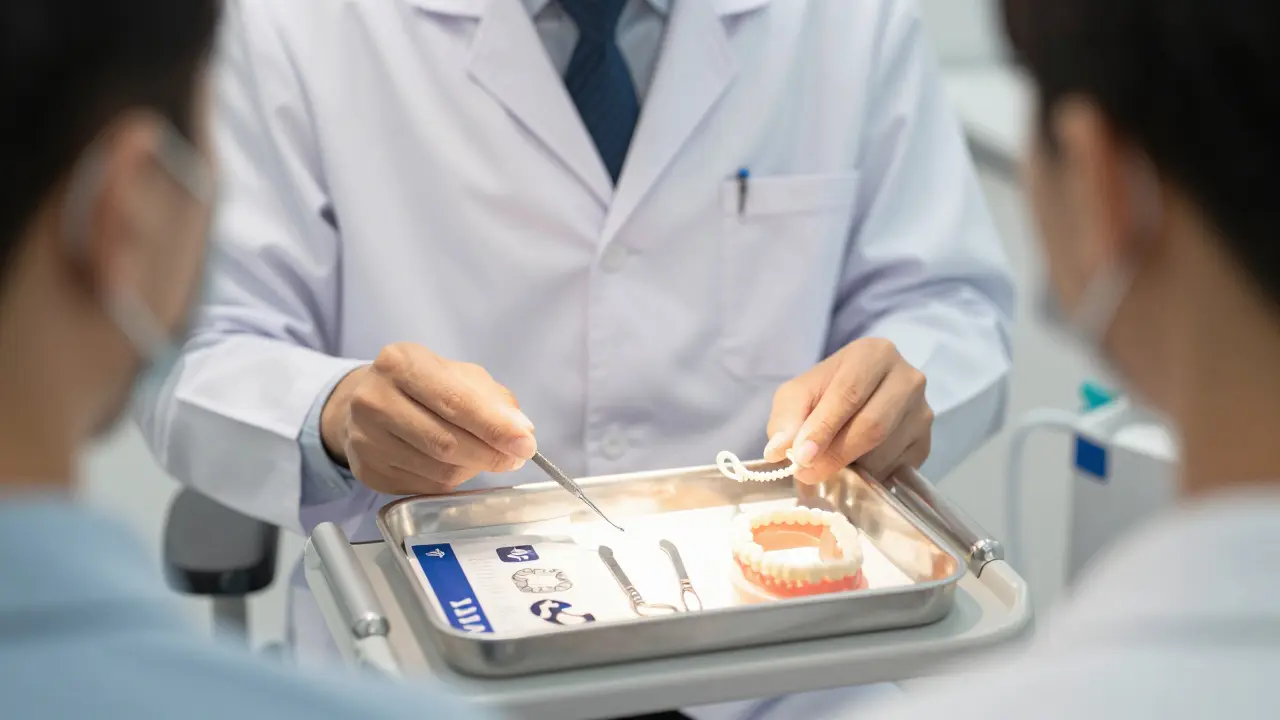 Ortodontické nástroje, vosk a udržovací zařízení v moderní ordinaci.