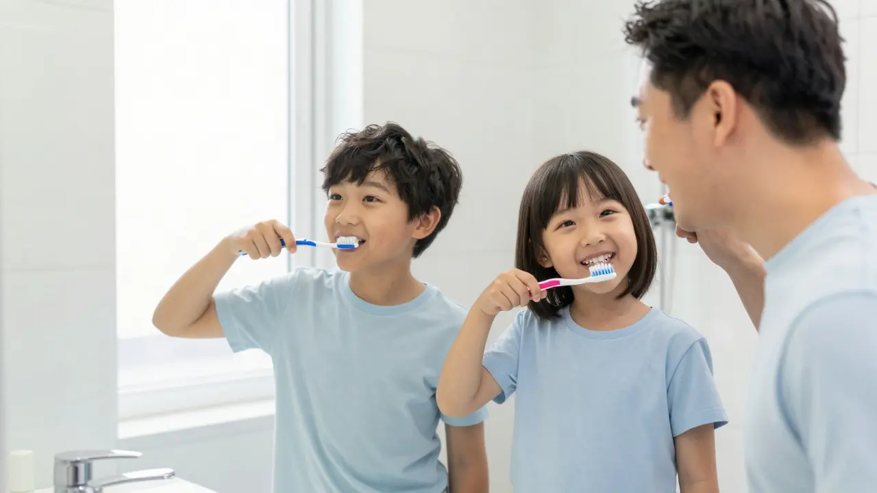 Otec a dítě společně čistí zuby před zrcadlem v moderní koupelně.