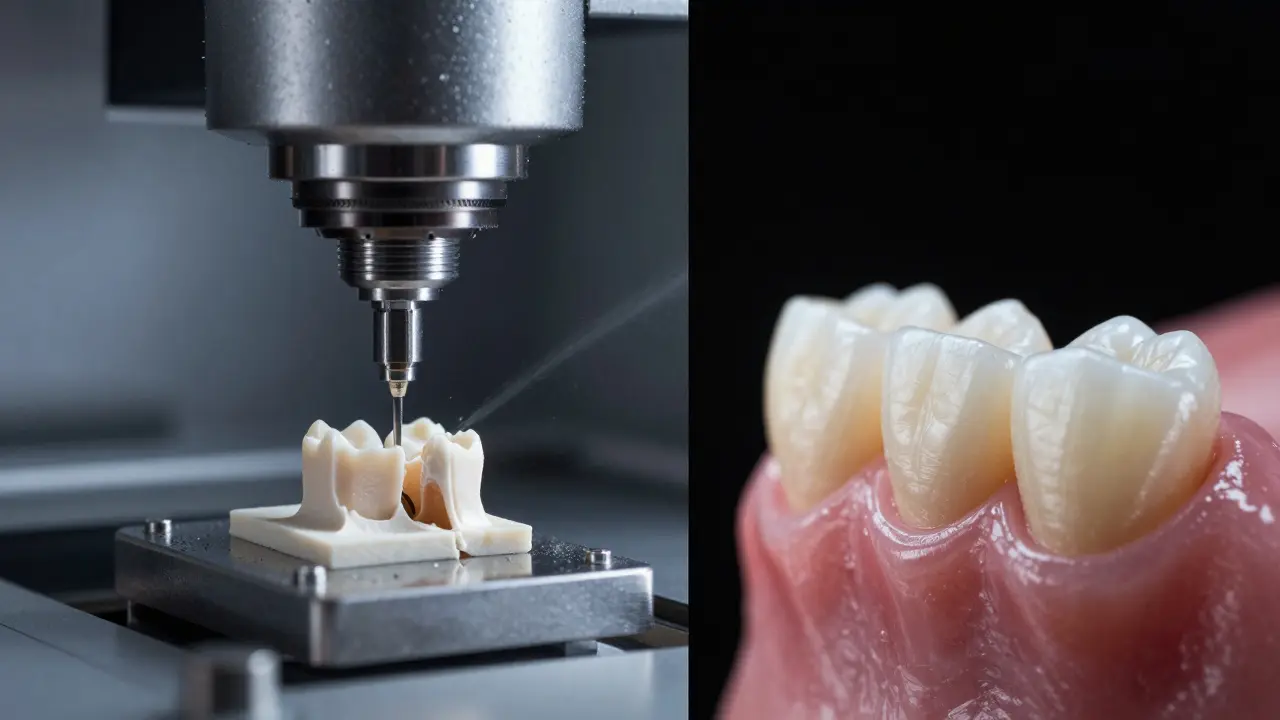 Proces precizního počítačového frézování keramické fazety pomocí CAD/CAM technologie.
