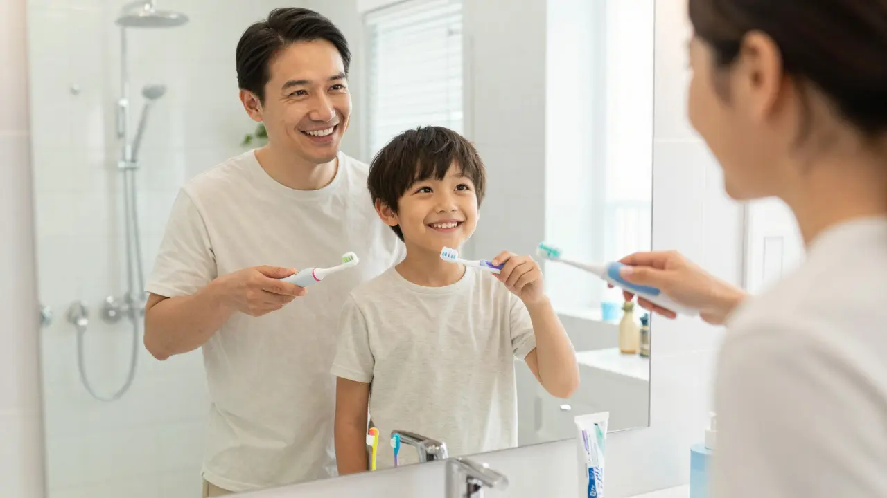 Rodič a dítě společně čistí zuby elektrickým kartáčkem v koupelně.