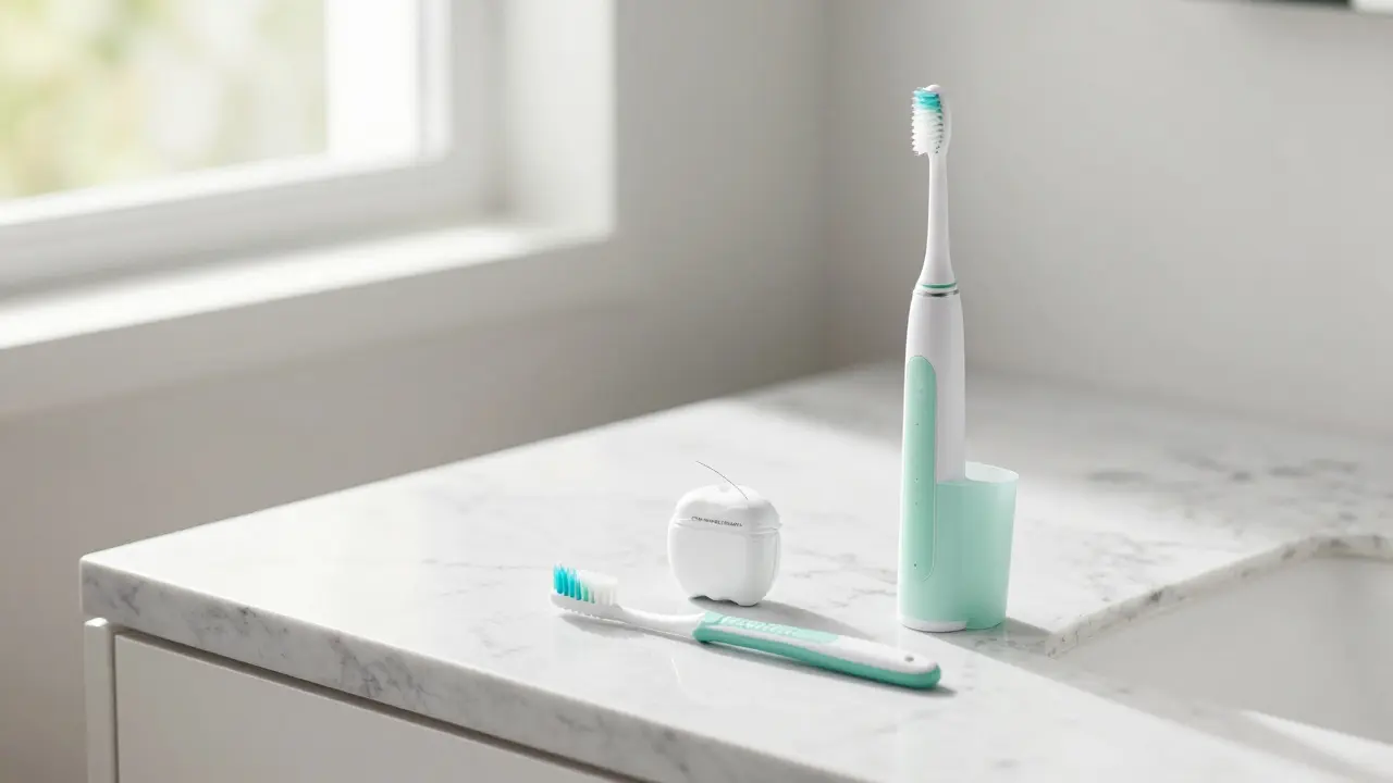 Sada pomůcek pro zubní hygienu včetně mezizubních kartáčků a ústní sprchy.