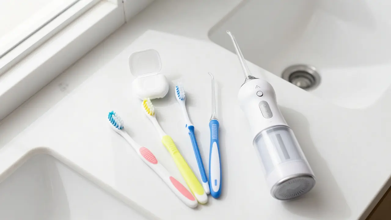 Sada pro mezizubní čištění: nit, mezizubní kartáčky a zubní sprcha