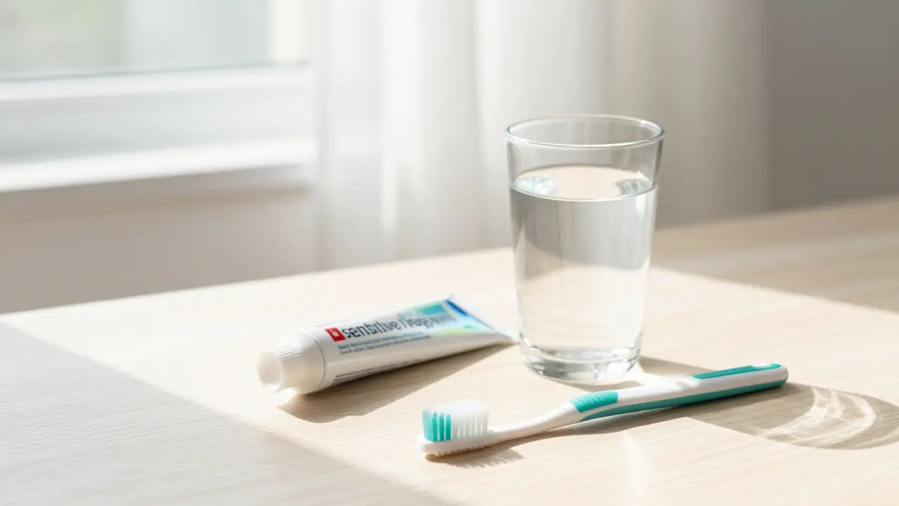 Sada pro péči o citlivé zuby po zákroku: jemný kartáček, pasta a sklenice vody.