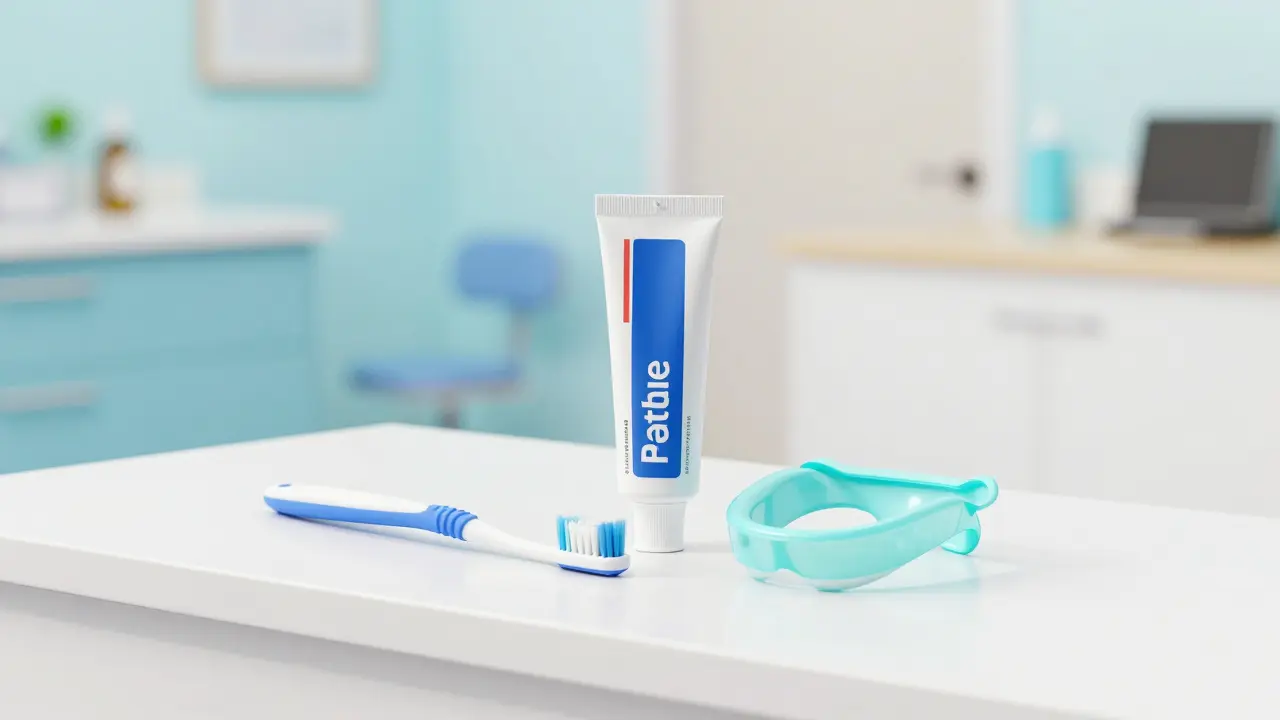 Sada pro péči o dětské zuby včetně kartáčku, pasty s fluoridem a chrániče zubu.