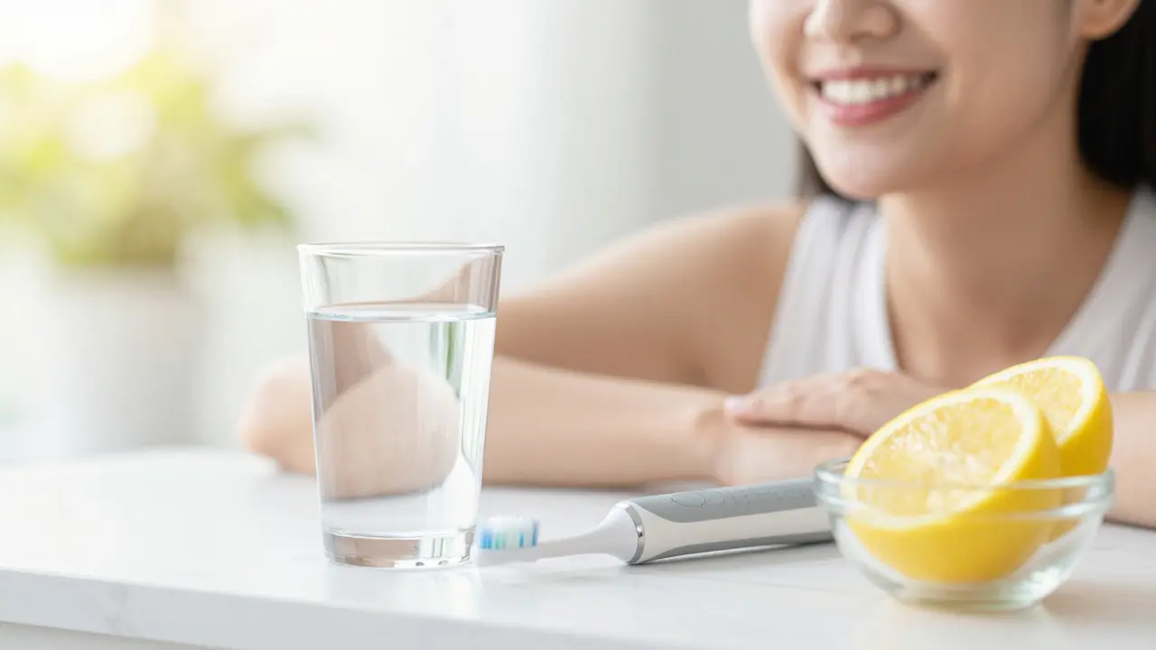 Sada pro péči o zuby s elektrickým kartáčkem a sklenicí vody pro zdravý úsměv.