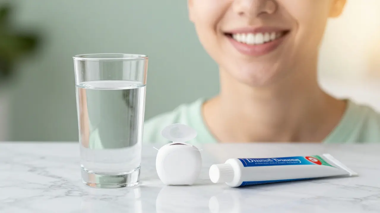 Sada pro péči o zuby s nití a vodou na mramorovém povrchu.