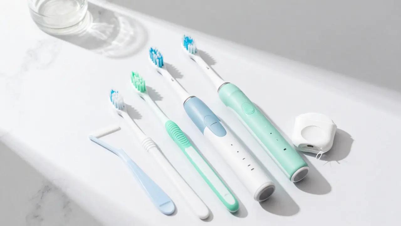 Sada pro prevenci: elektrický kartáček, mezizubní kartáčky a nitě.