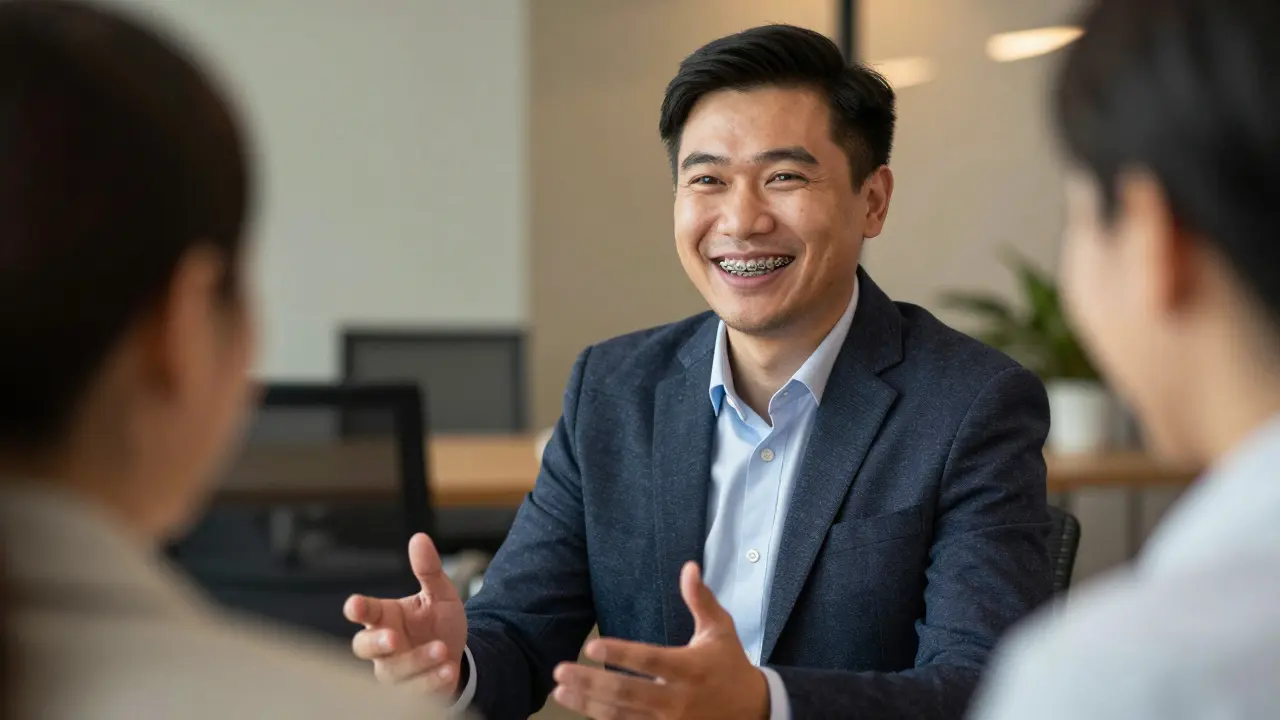 Sebevědomý člověk v pracovním prostředí s nenápadnými stříbrnými rovnátkama.