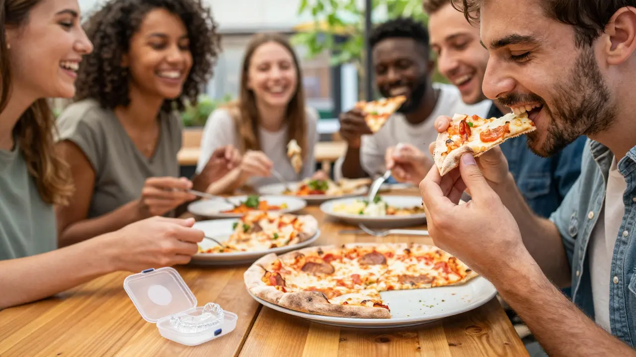 Skupina přátel v restauraci, kde muž jí pizzu a vedle něj leží malý box na průhledné alignery.