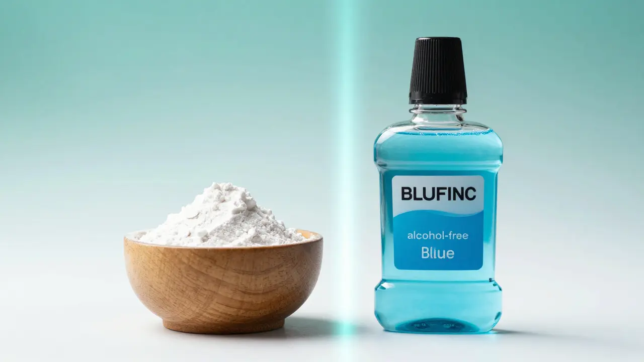 Srovnání jedlé sody a bezalkoholové ústní vody na světlém pozadí.