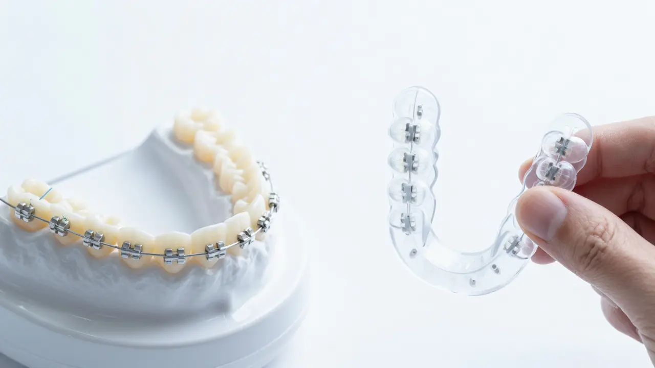 Srovnání keramických závitů a průhledné fólie pro vyrovnání zubů.