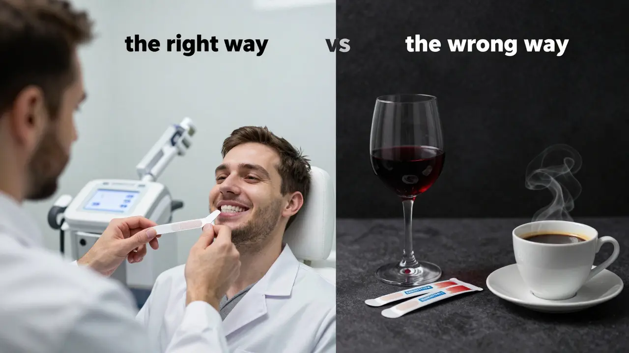 Srovnání konzultace u zubního lékaře a rizik levných bělicích produktů.