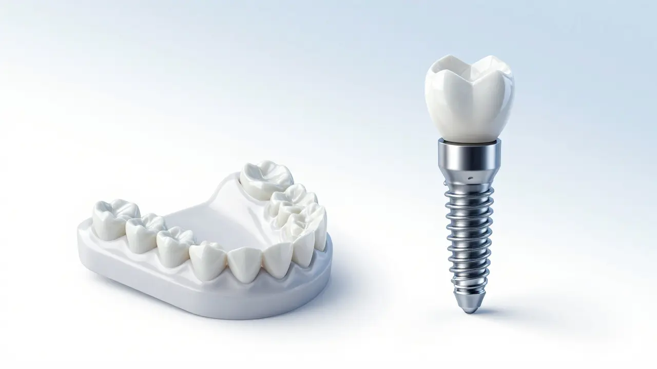 Srovnání moderní zubní protézy a titanového implantátu.
