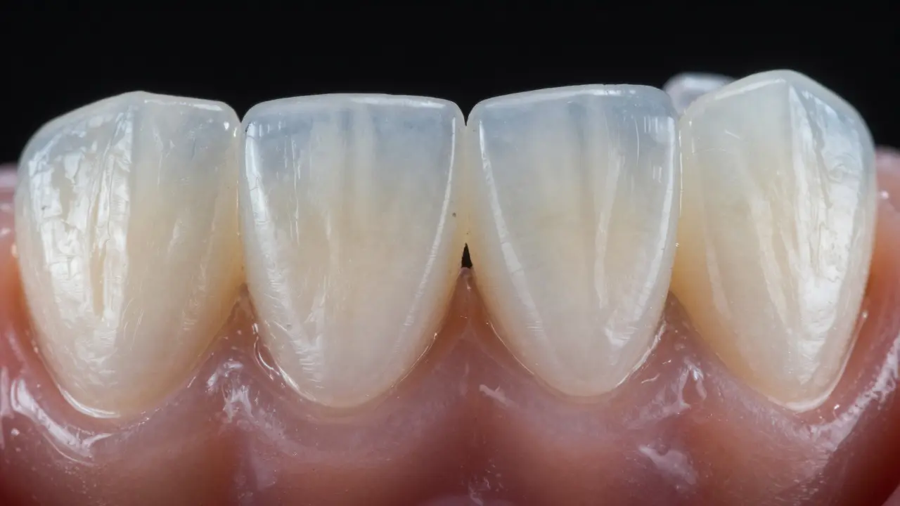 Srovnání textury a průsvitnosti kompozitní a keramické fasety.