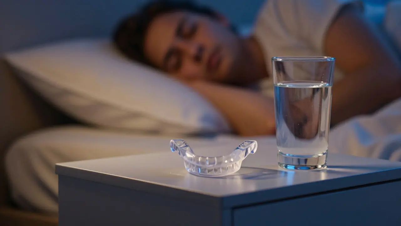 Transparentní noční dlahu na nočním stolku pro ochranu zubů před skřiváním.